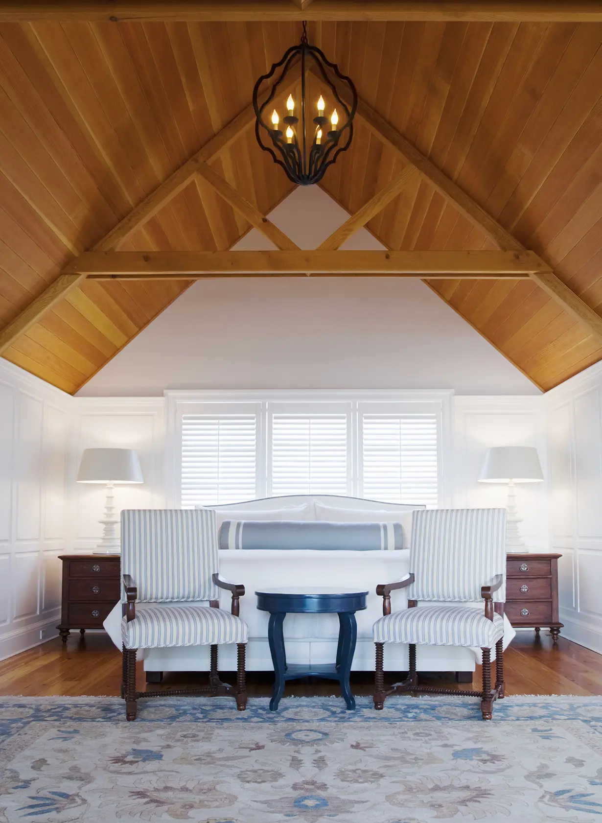 Boathouse primary bedroom with cathedral ceilings
