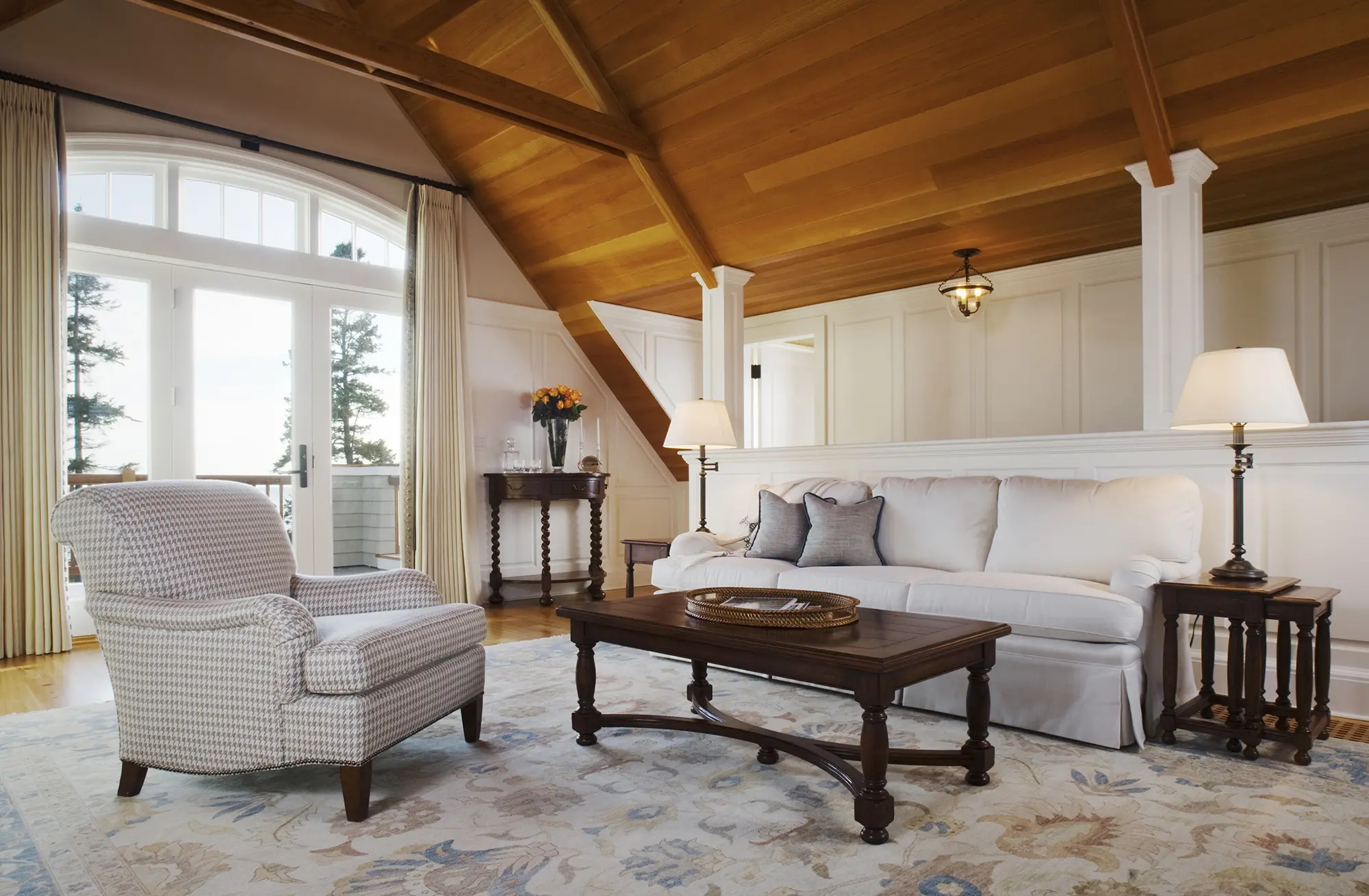 Up stairs living room of boathouse with cathedral ceilings