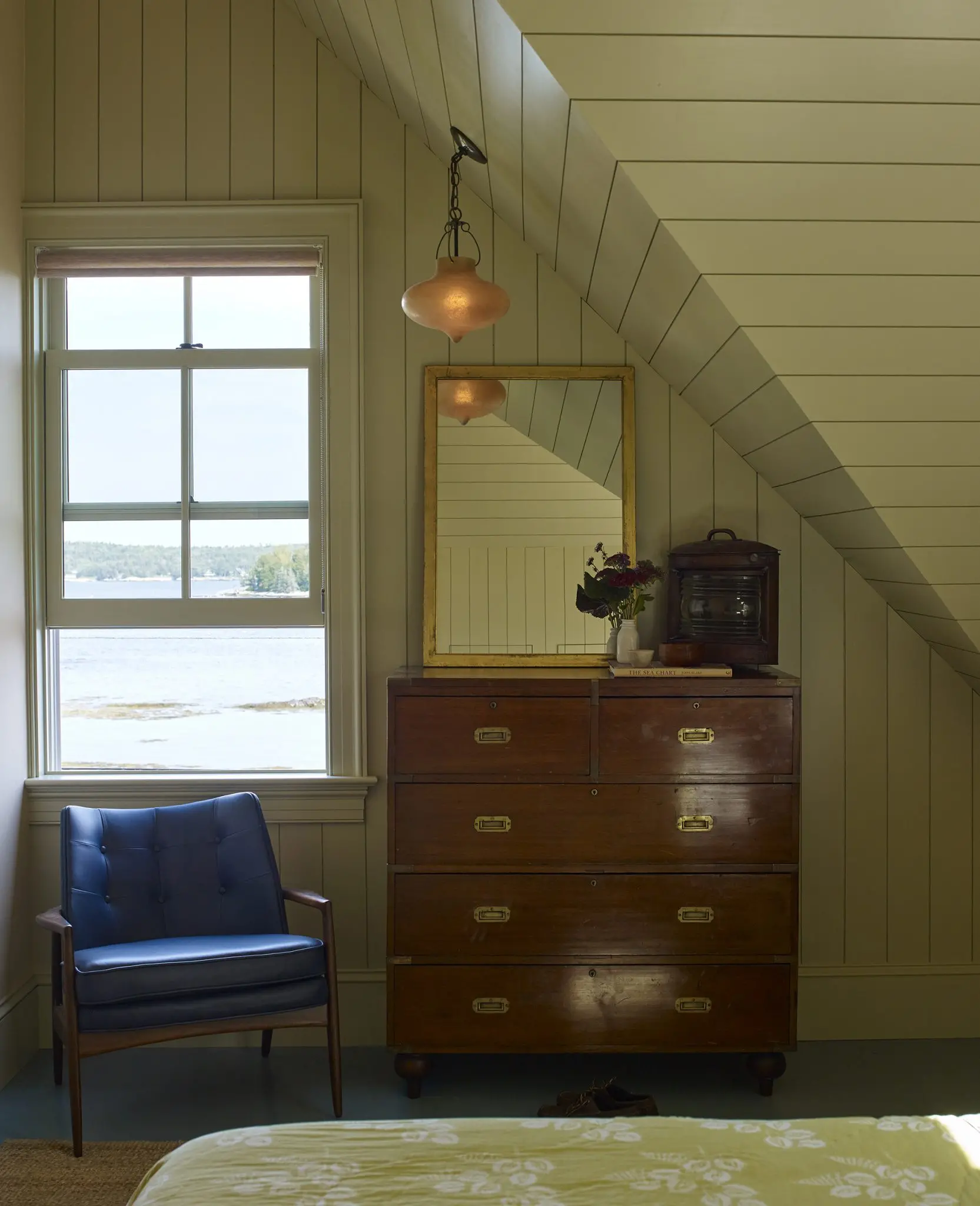 Maine cottage style bedroom with water views at Capitol Island