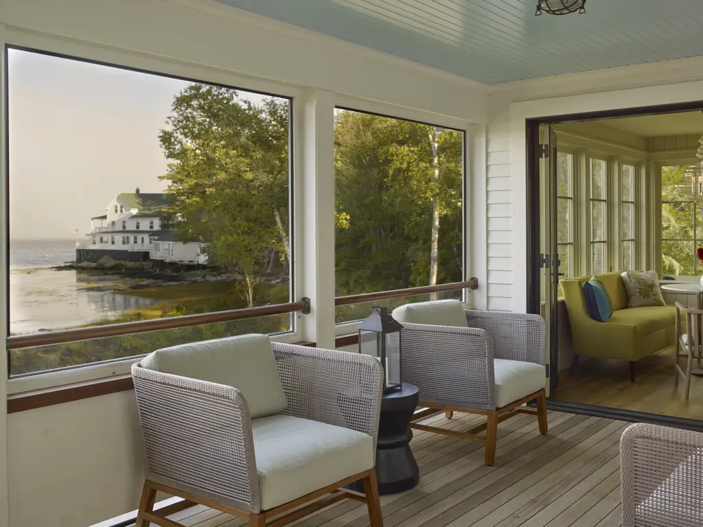 Screened in porch with water views at Capitol Island