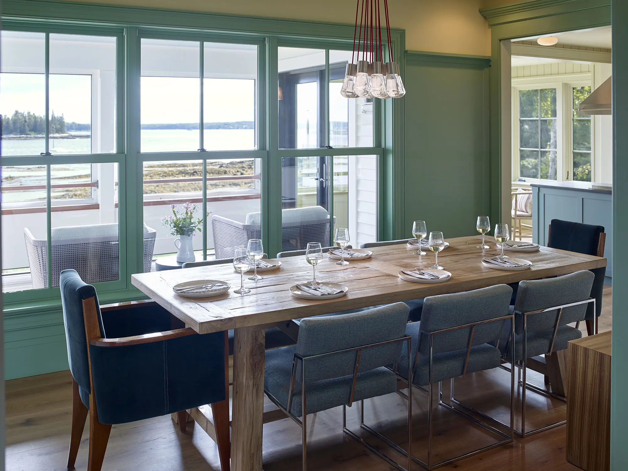 Formal dining room with water views at Capitol Island