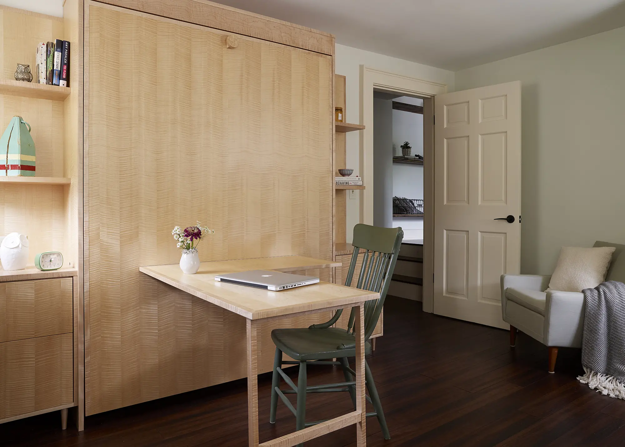 Custom book shelf and desk that transforms to a murphy bed