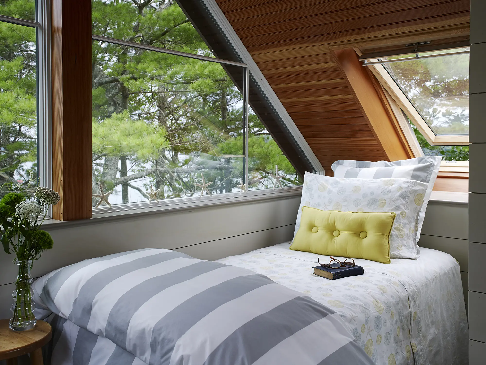 Light filled bedroom at the Cross Point Cottages