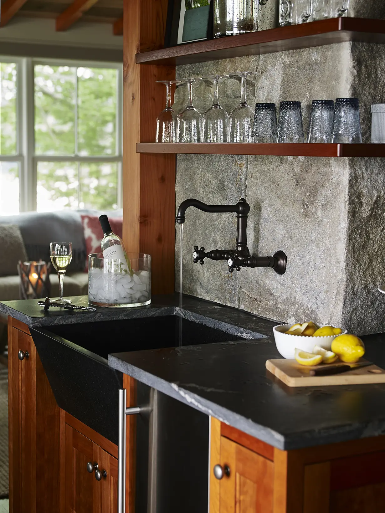 Stone and wooden bar the the Cross Point Cottages