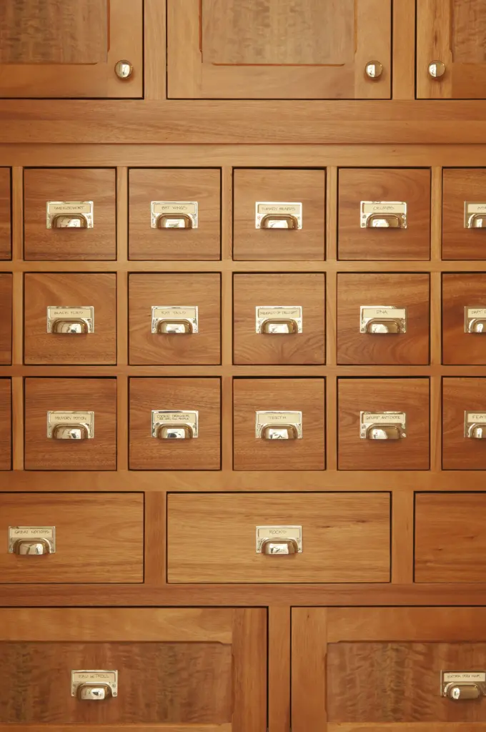 Wooden organizer drawers at Brambletye