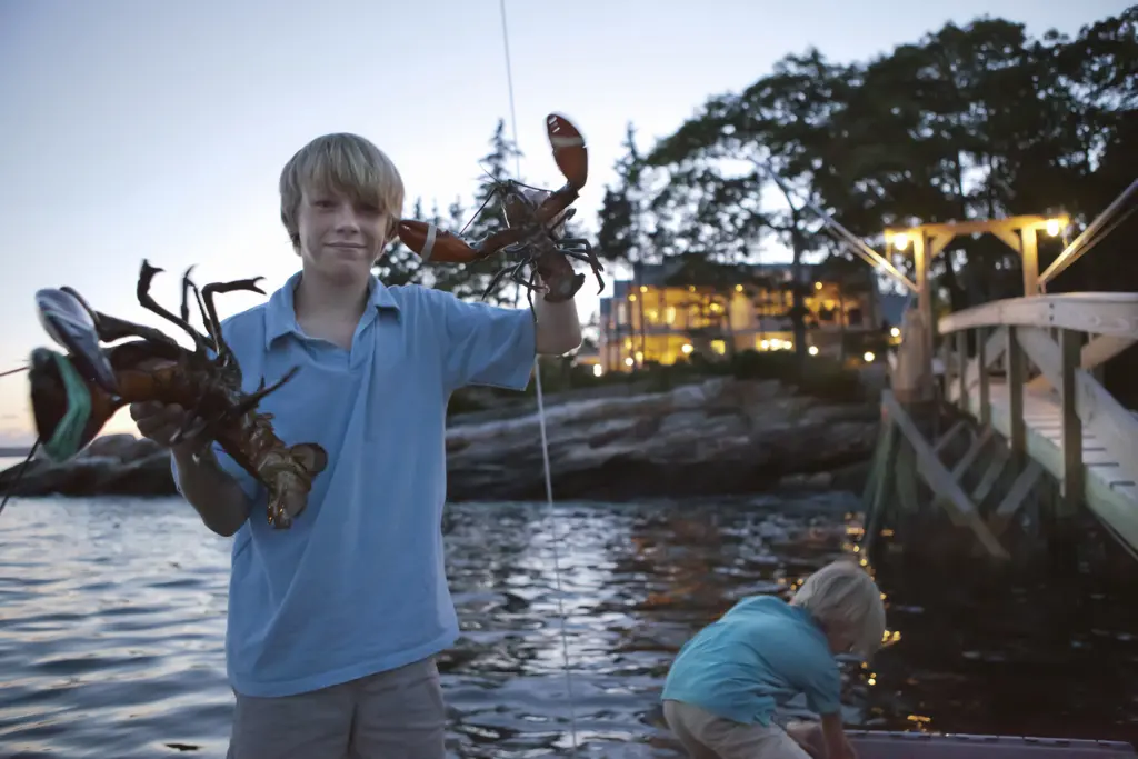 Children on the dock with lobsters and the Ocean Cliff property in the background