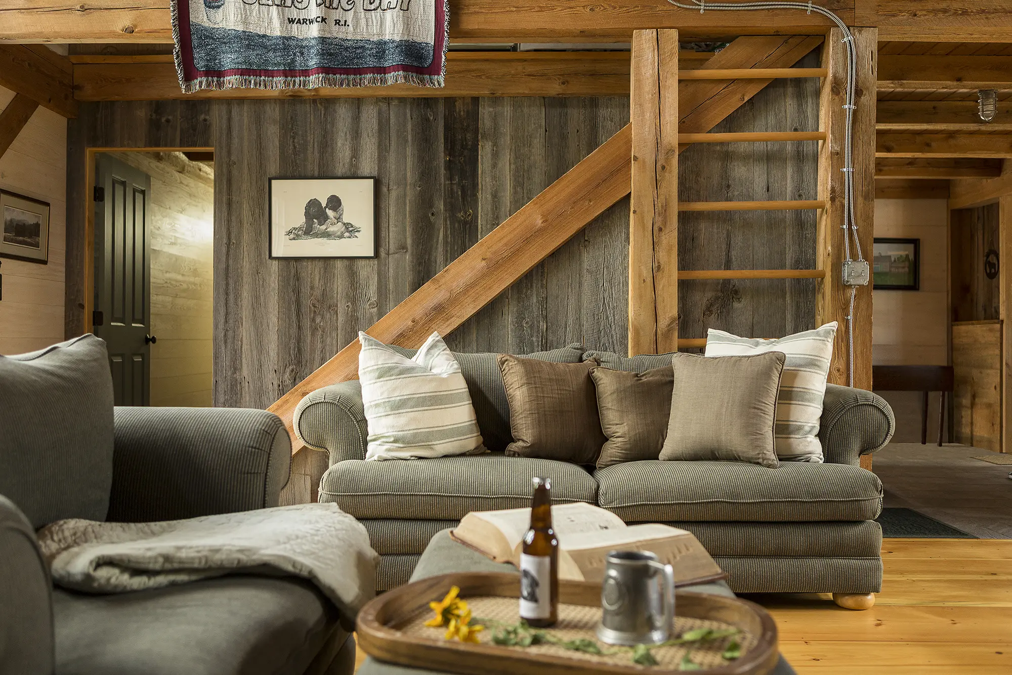 Sofa with rustic wood walls