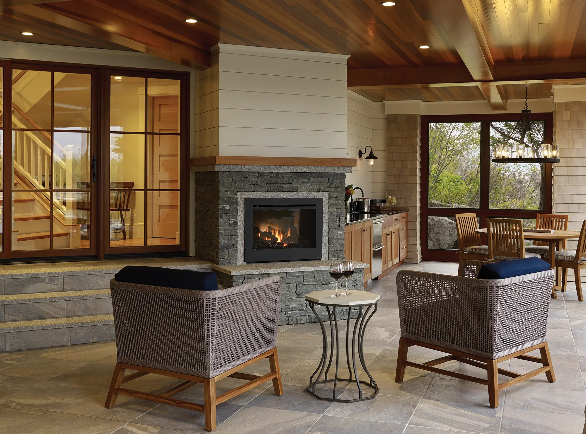 Outdoor fireplace and bar area