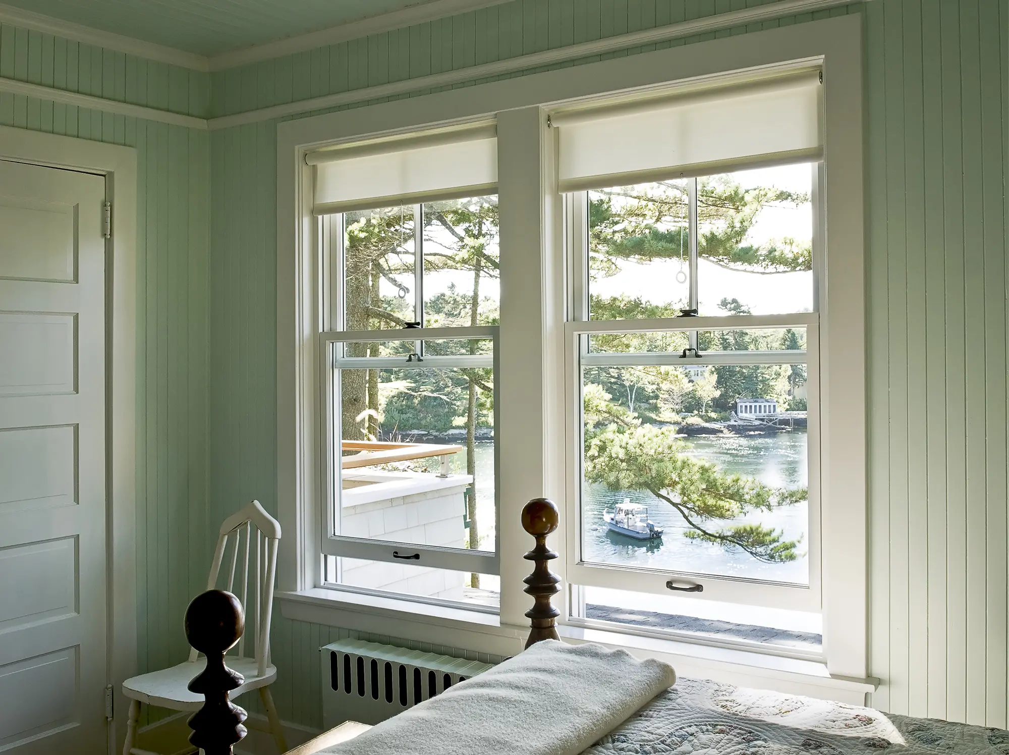 Paneled room with view of cove