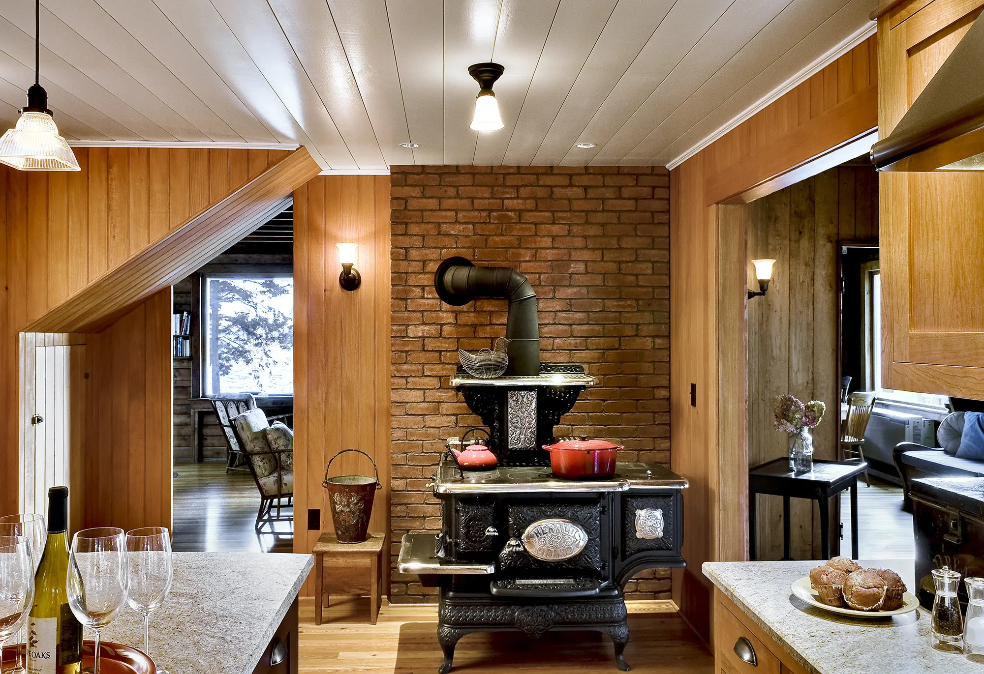 Cozy kitchen with vintage cast iron stove at Grandview