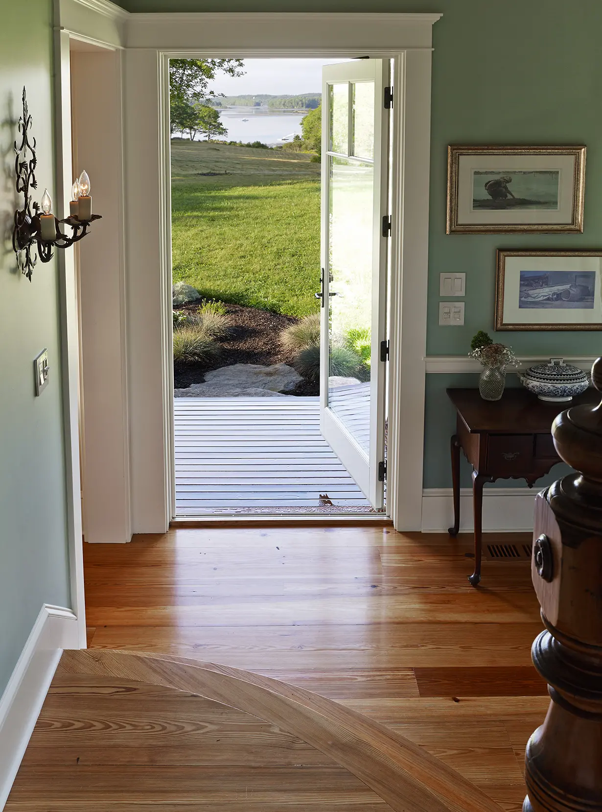 View of the back door from the stairs at Highfields