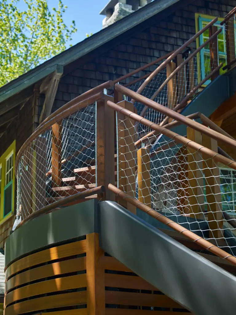 A close-up of the staircase and railing at the Mt. Pisgah property