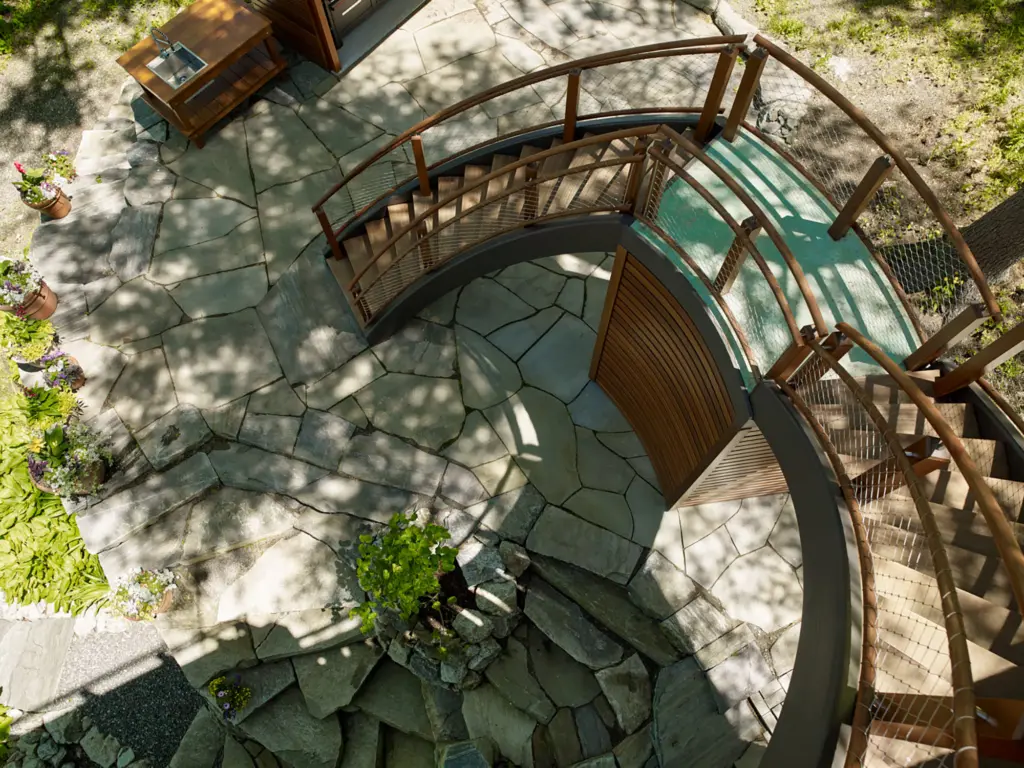 Aerial photo of the curved staircase at the Mt. Pisgah property
