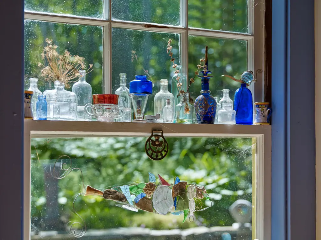 A close-up of the window with glass bottles, a stained glass fish, and a bright trim.