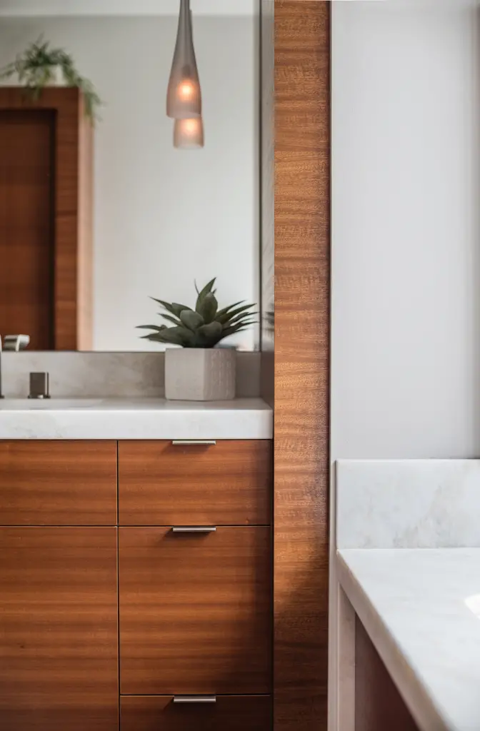 A view of the relaxing bathroom with white marble countertops and sleek lighting.