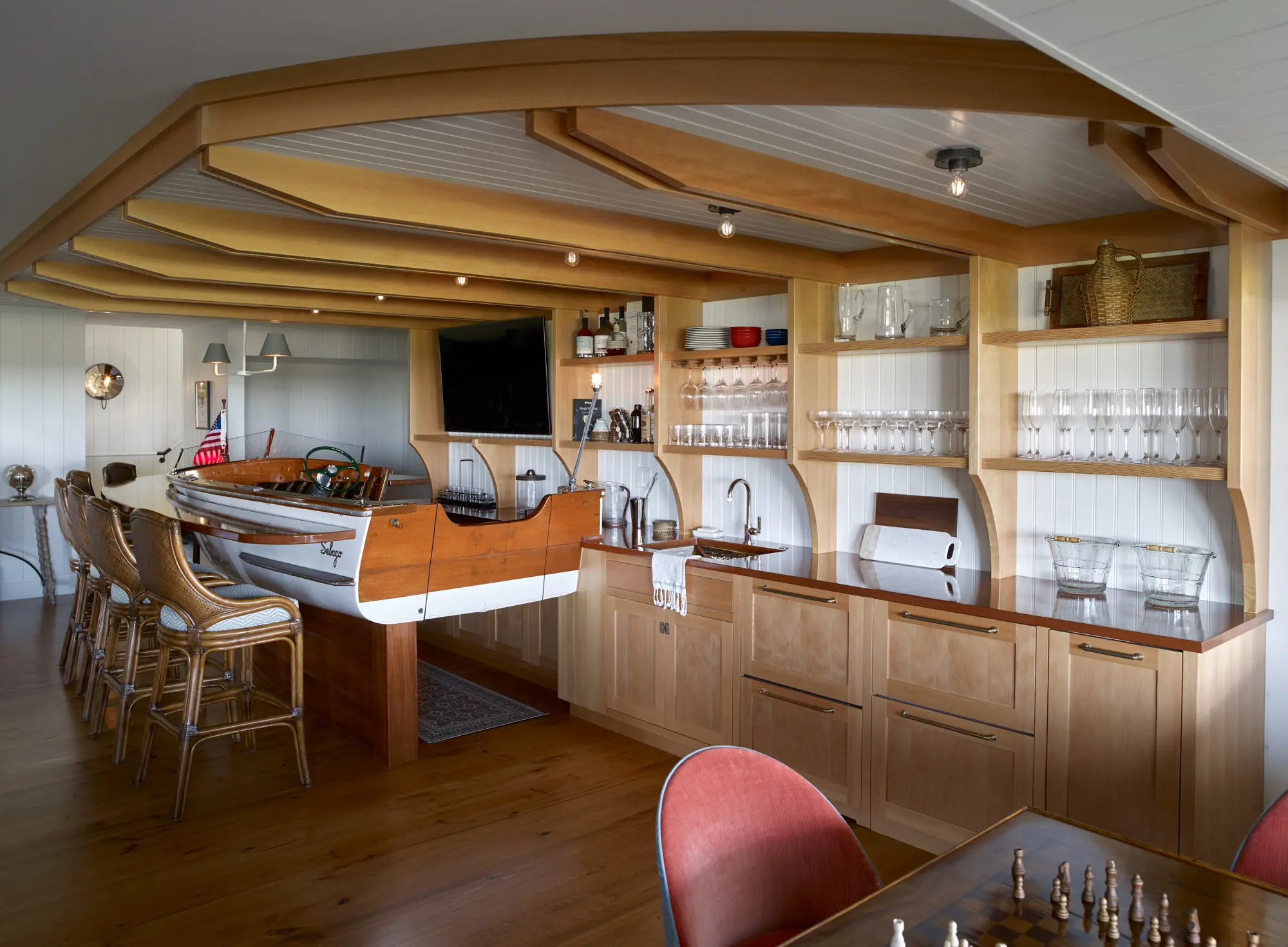 Nautical themed bar area with game table