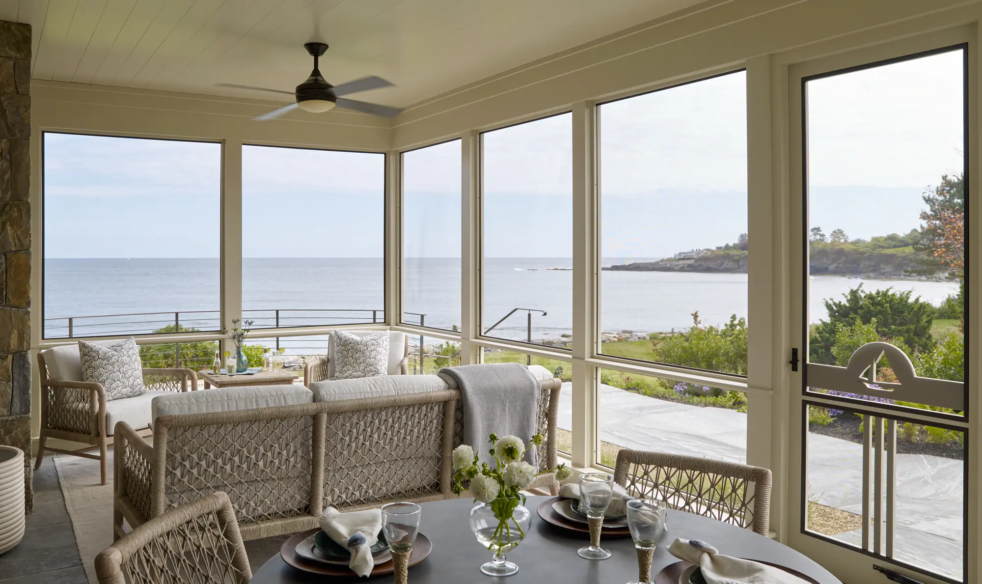 Screen porch with views of the Maine coast