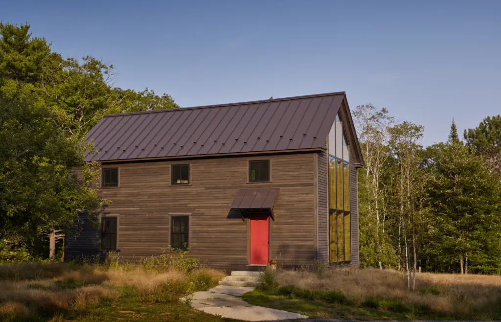 View of the approach to modern barn