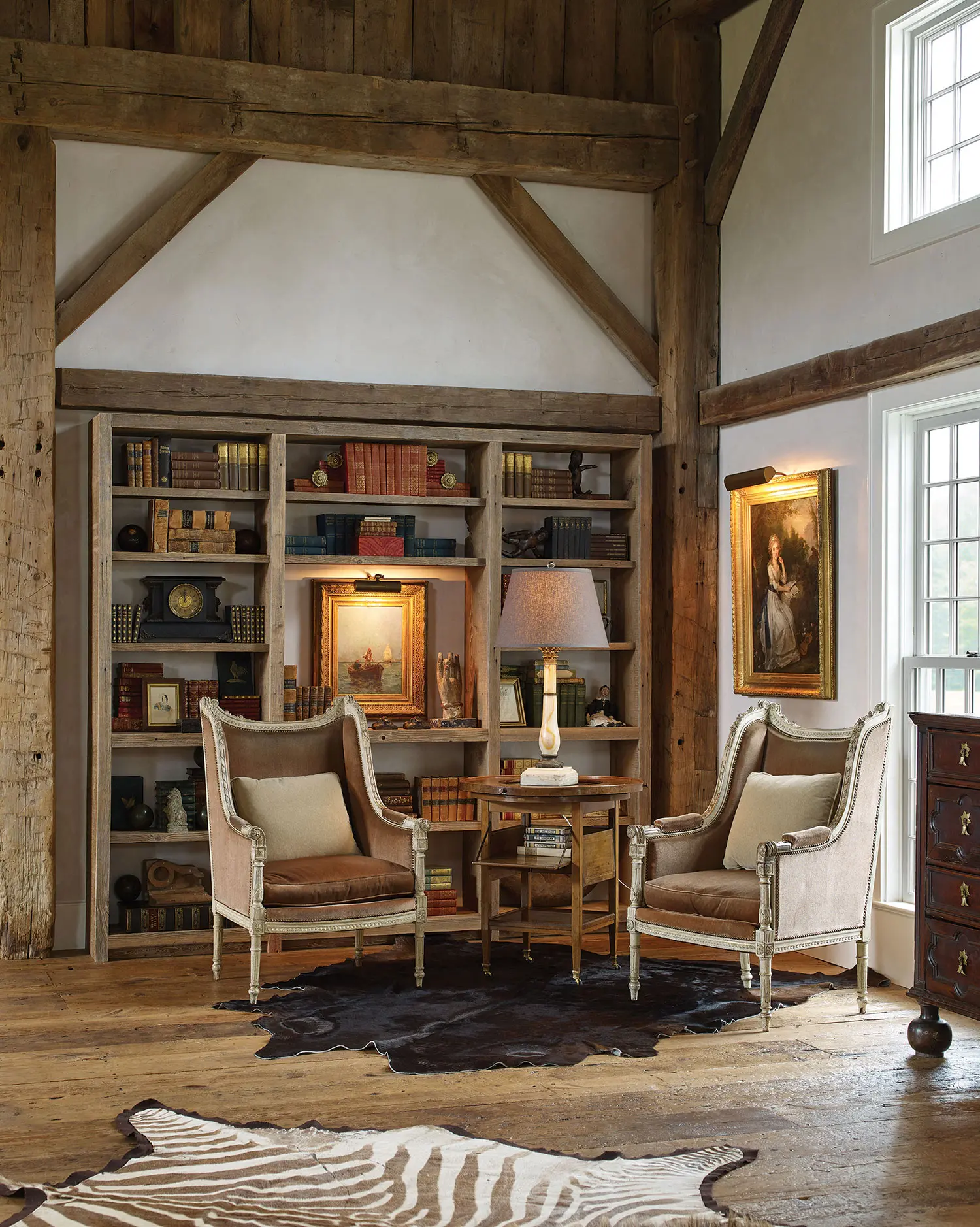 Reading corner with custom shelves from reclaimed lumber