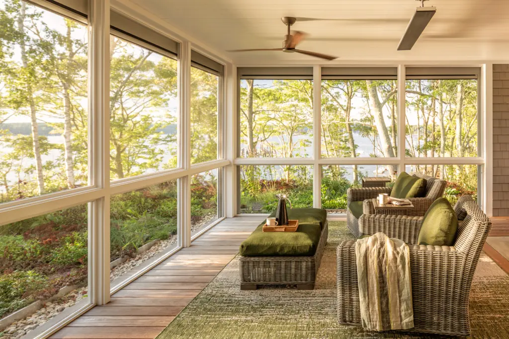 Screened porch with water views