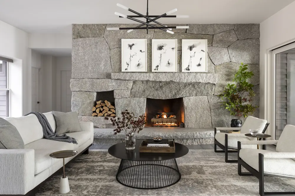 Stone fireplace with built in wood rack