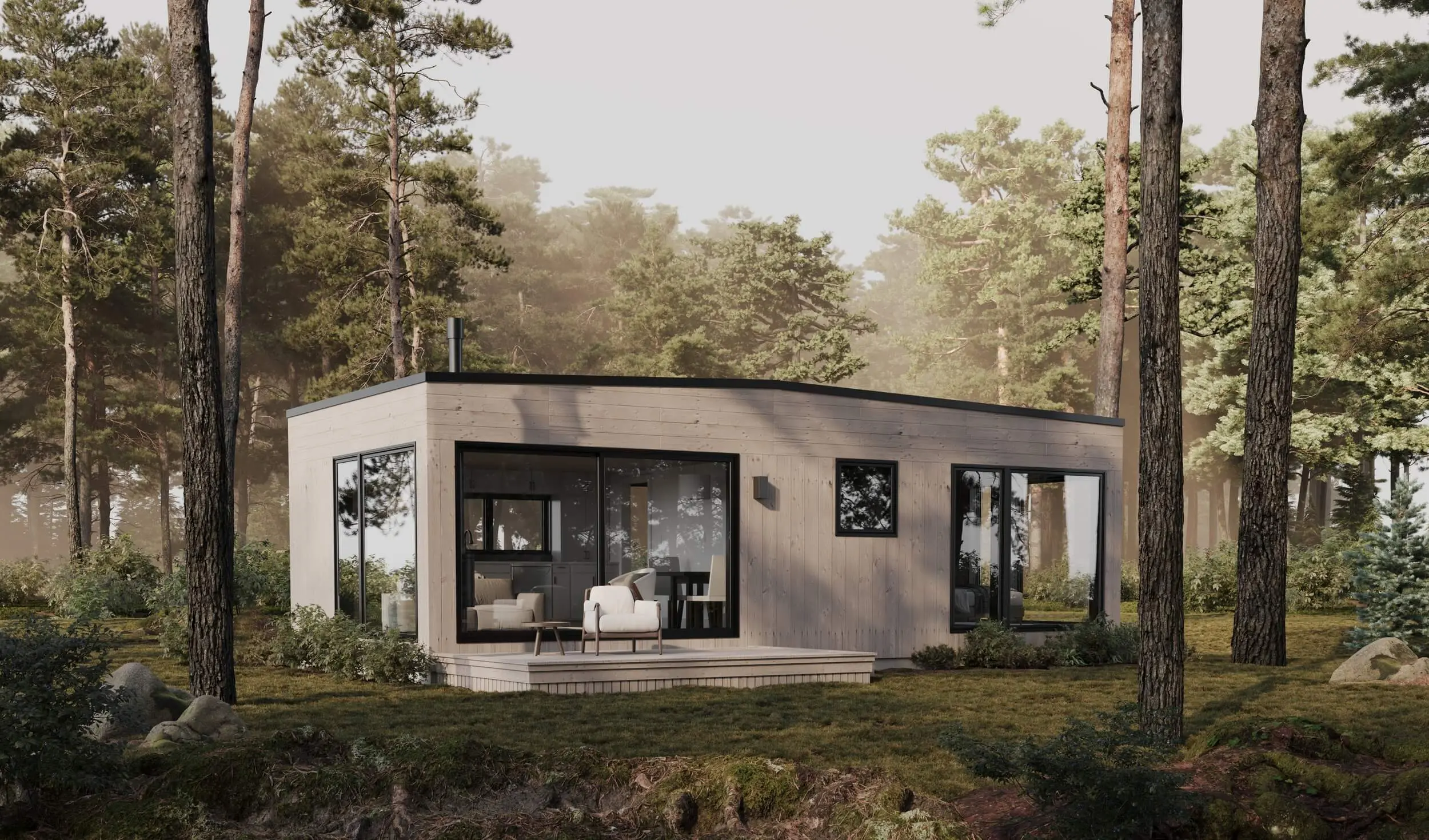 A render displaying a front view of the Juniper Prefab Pod